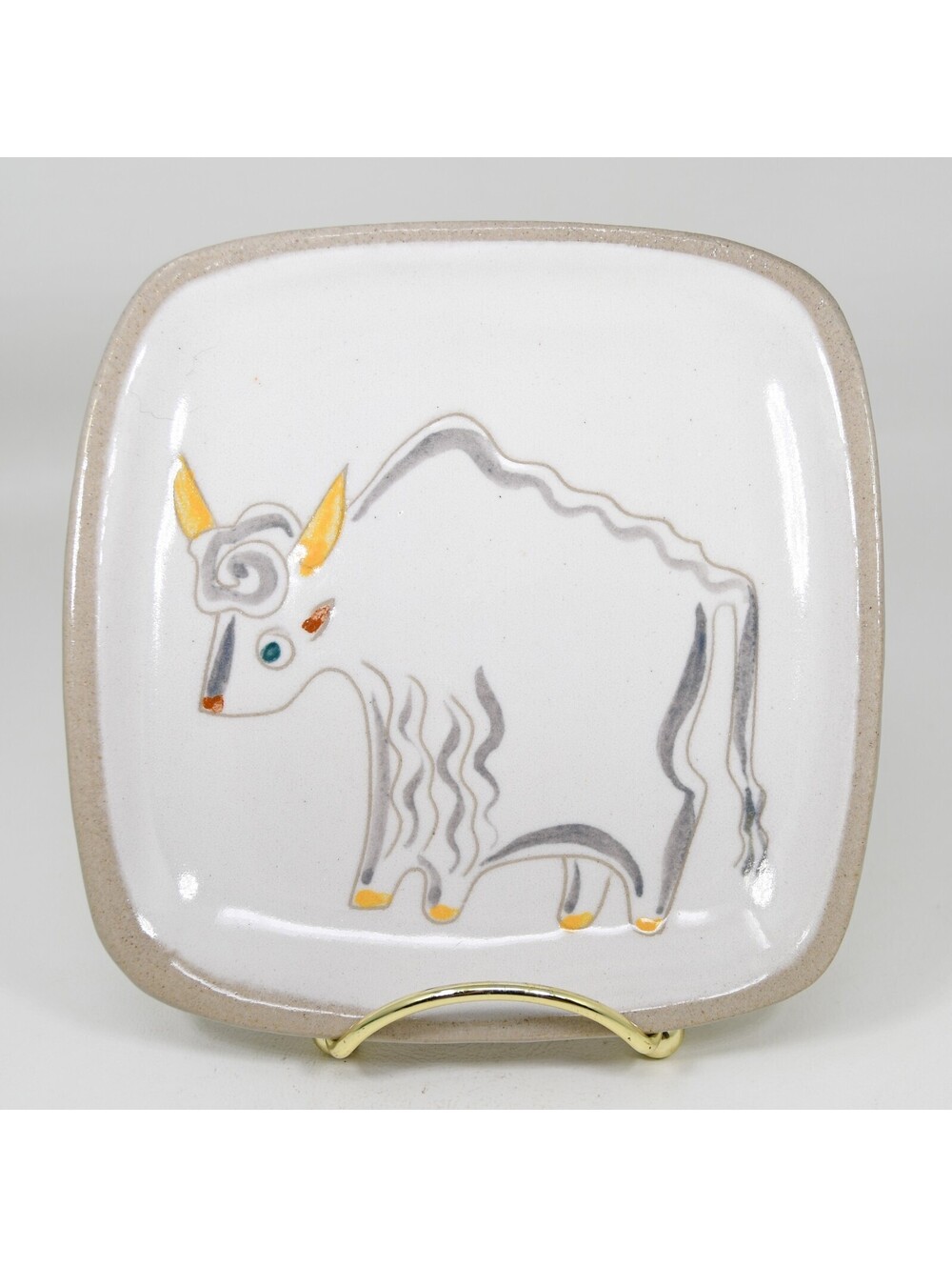 Glidden Pottery #35 Bison Bull Buffalo Cow Menagerie Trinket Dish Plate 5.5" VTG